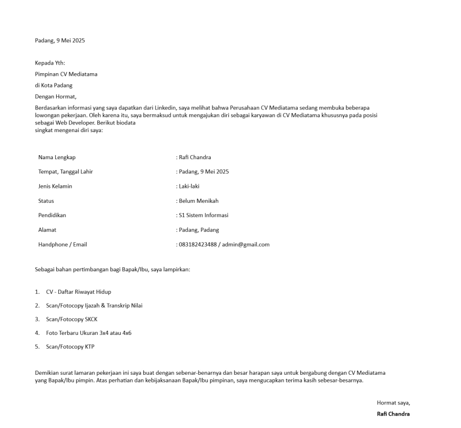 Preview Template Surat Lamaran Standar